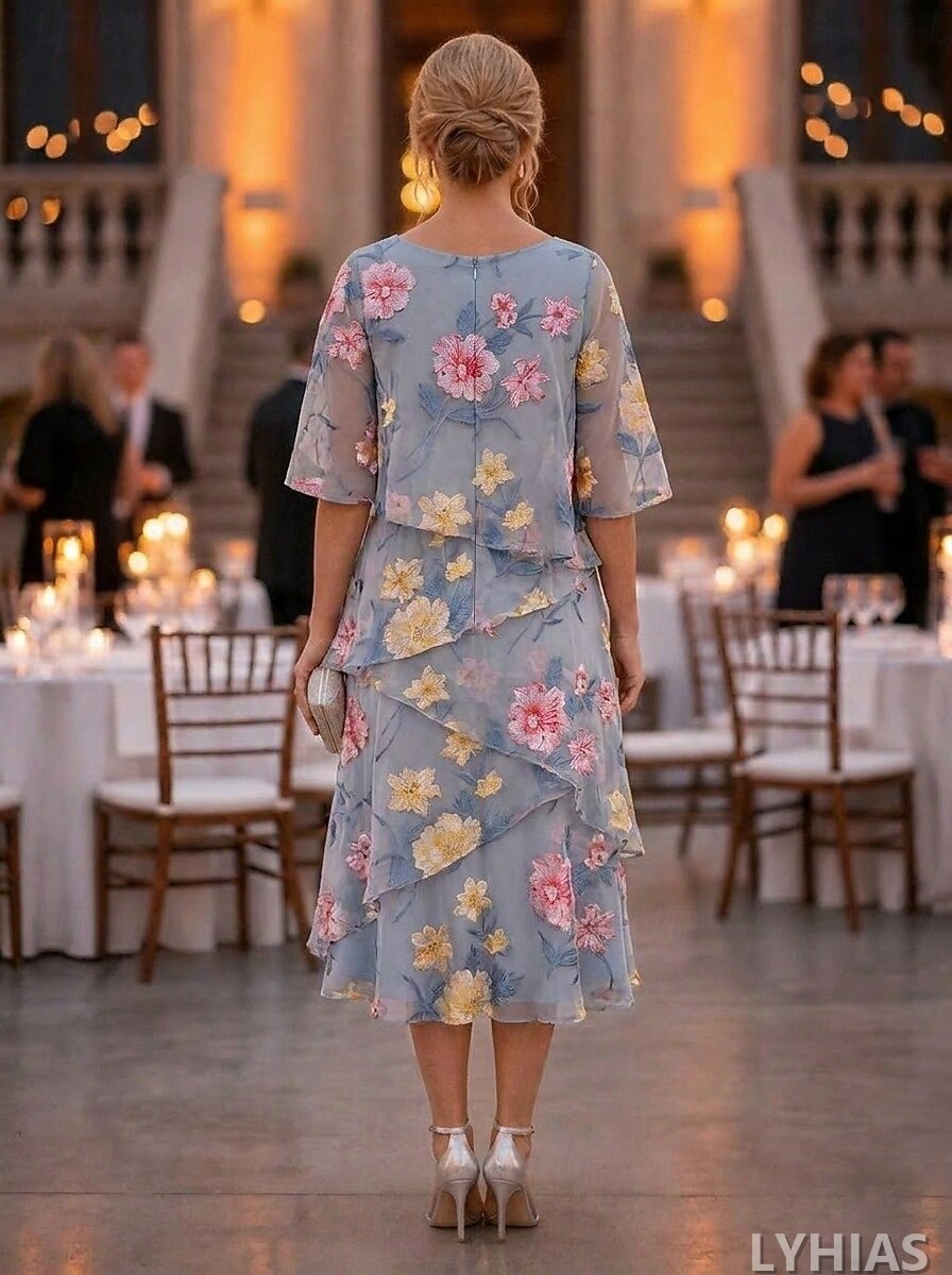 A-Line Mother of the Bride Dresses Ankle Length with Ruffles Half Sleeve Scoop Neck Chiffon Elegant