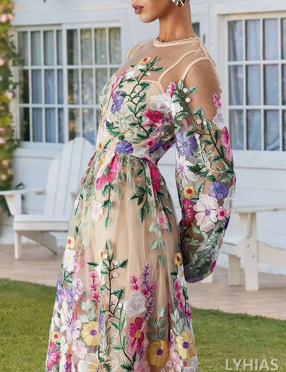 A-Line Mother of the Bride Dresses Ankle Length with Embroidery Long Sleeve Crew Neck Lace Elegant