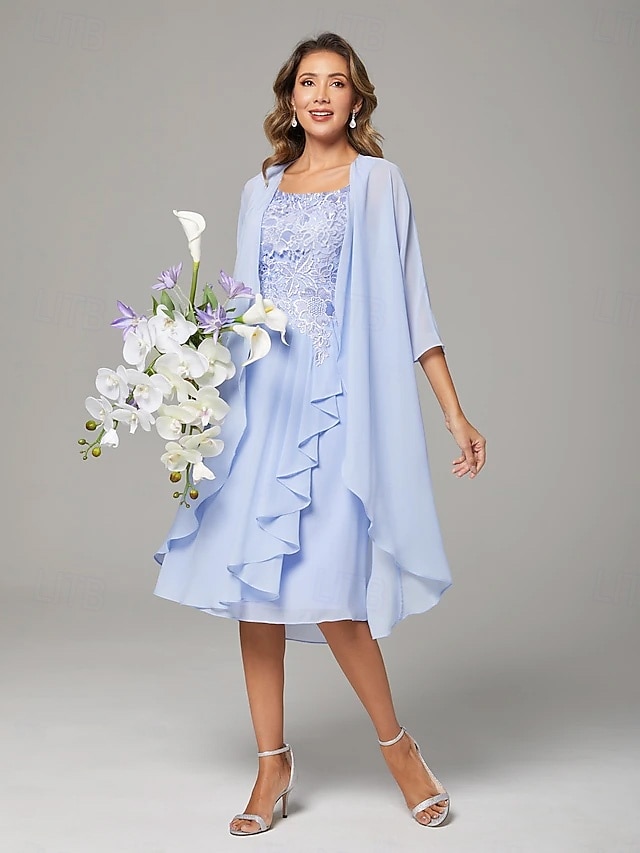 two piece a-line knee-length mother of the bride dress wedding guest dress sleeveless chiffon lace elegant, supplier image 8