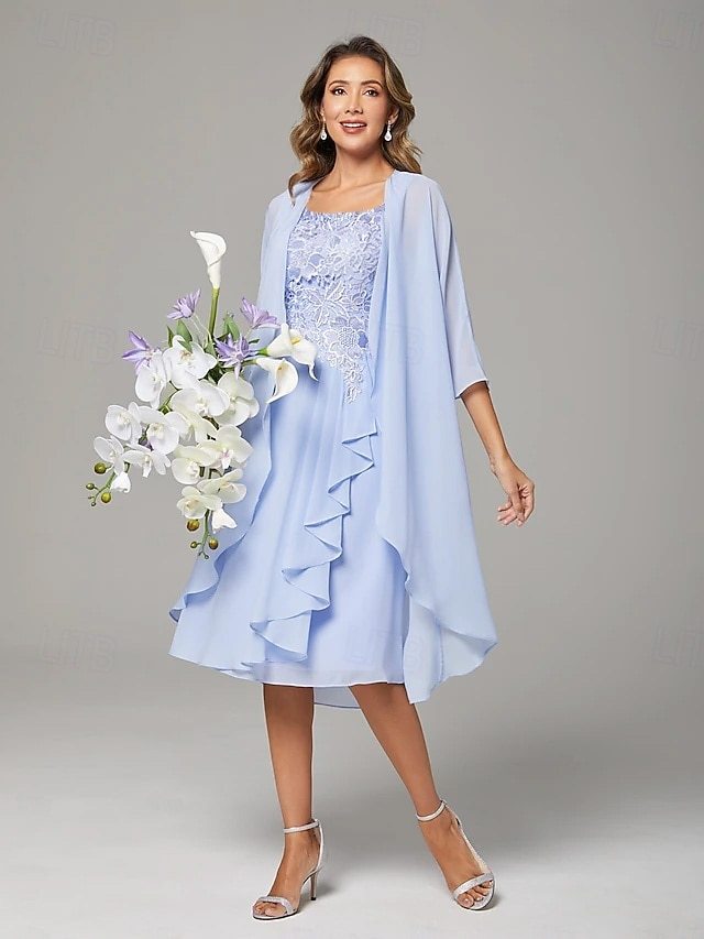 two piece a-line knee-length mother of the bride dress wedding guest dress sleeveless chiffon lace elegant, supplier image 8