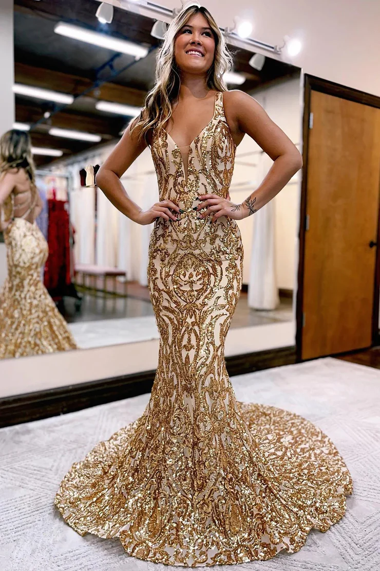 V-Neck Mermaid/Trumpet Sequined Sleeveless Prom Dress Evening Dress