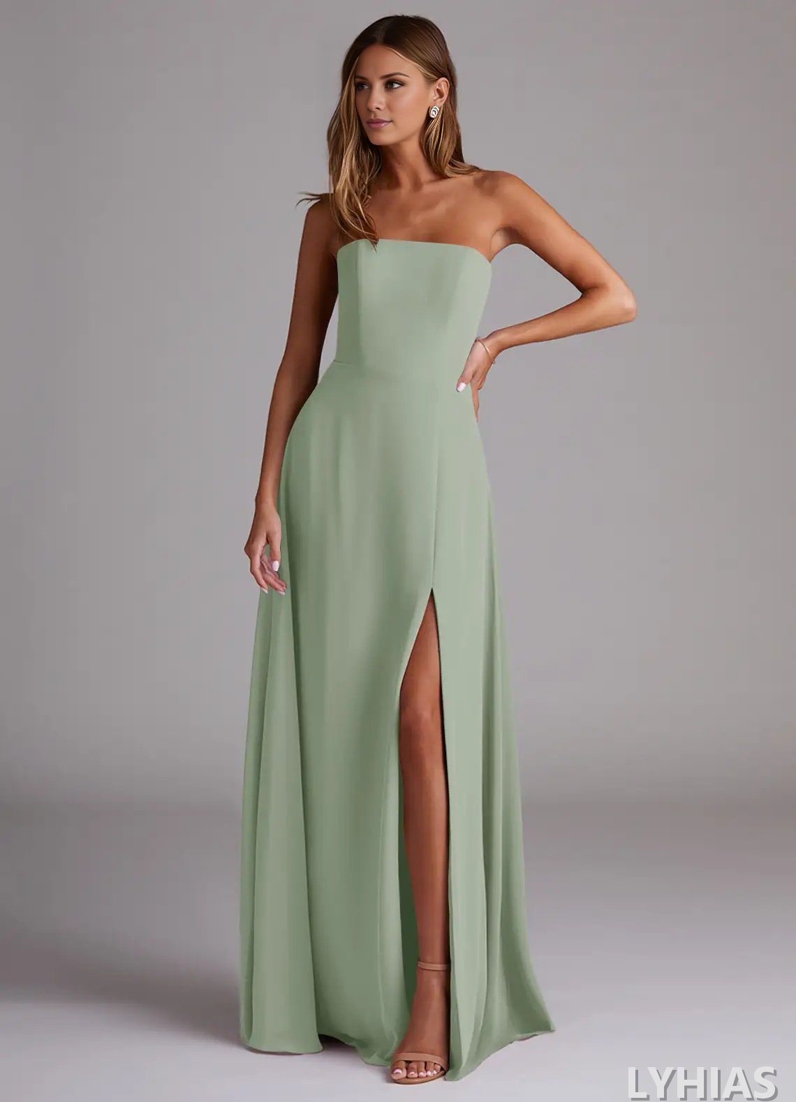 Chiffon Straight Neck A-Line Floor-Length Bridesmaid Dresses with High Slit