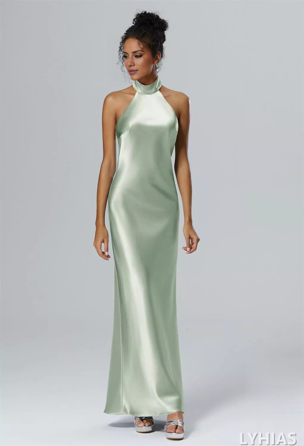 Satin Sheath/column Floor-Length Bridesmaid Dresses with Halter neckline & Backless Design