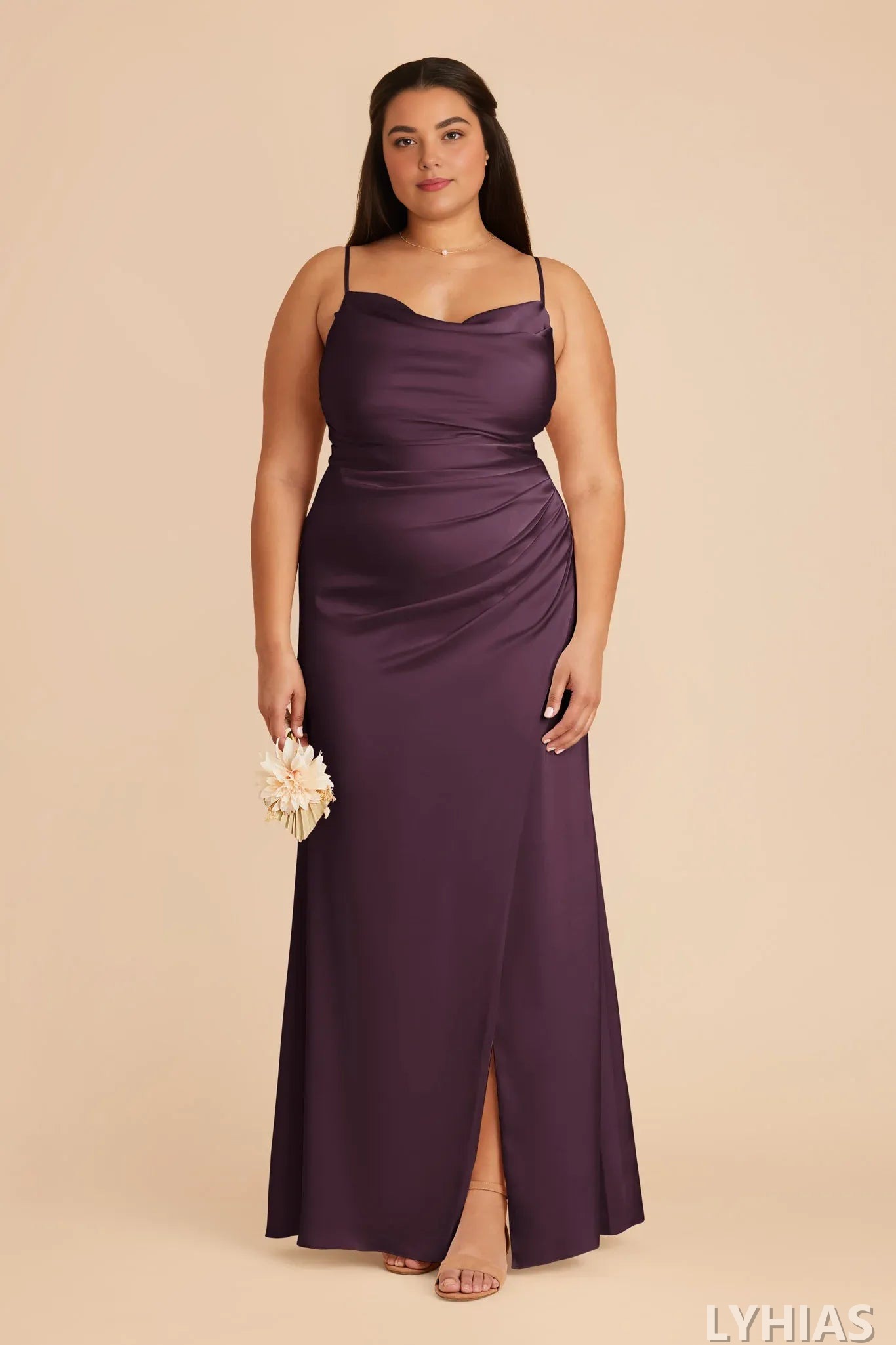 Burgundy Satin A-Line Cowl Neck Bridesmaid Dresses with Ruched Bodice & High Slit