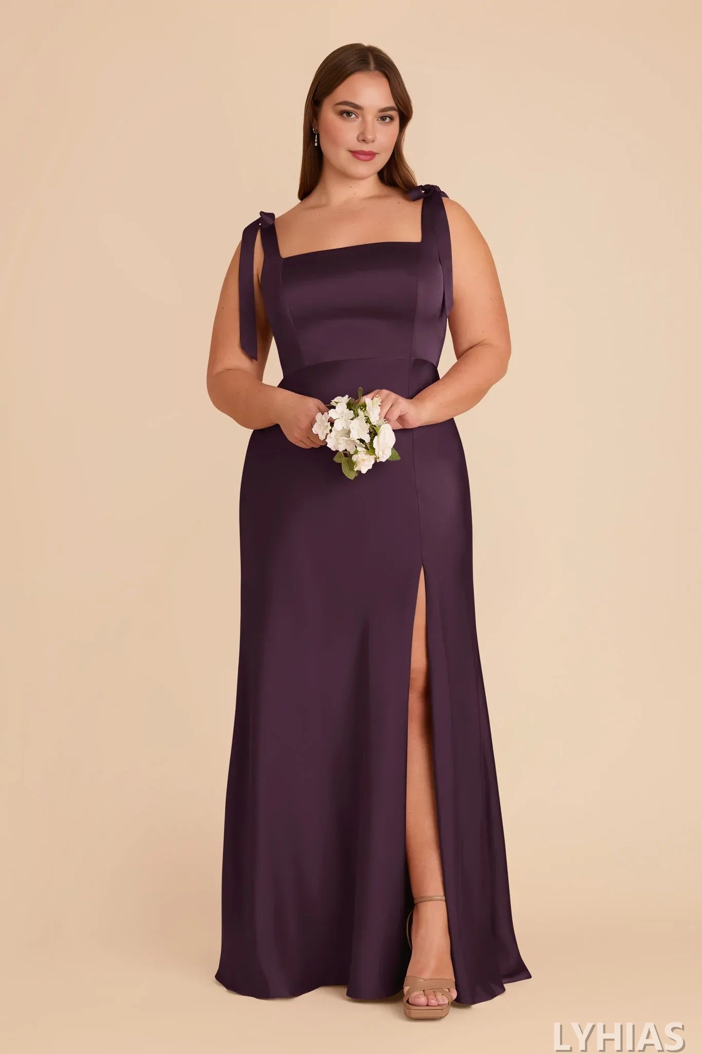 Mulberry Satin A-Line Floor-Length Bridesmaid Dresses | Square Neck, Tie-Shoulder Straps & High Slit