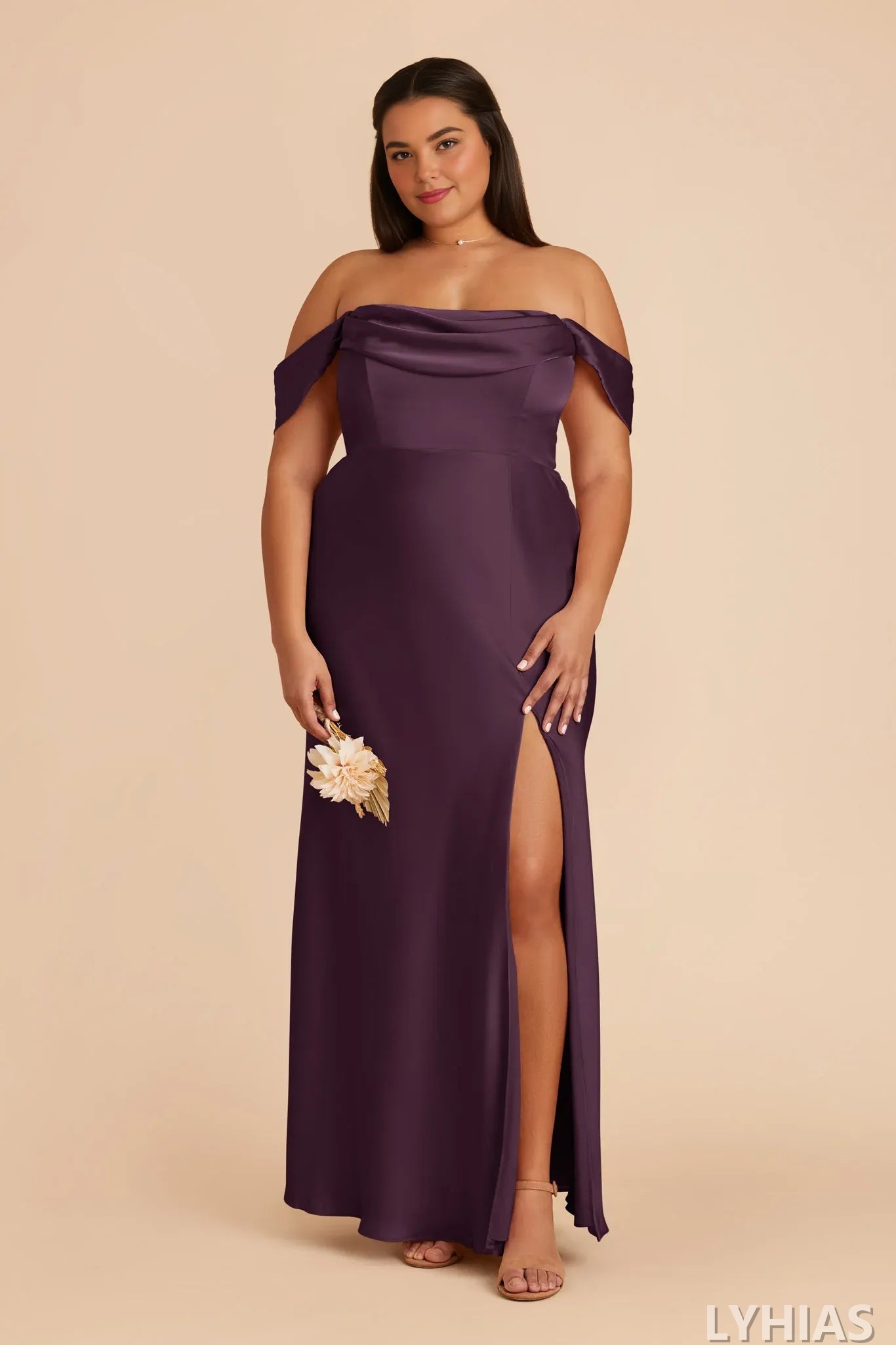 Burgundy Satin A-Line Floor-Length Off-the-Shoulder Bridesmaid Dresses