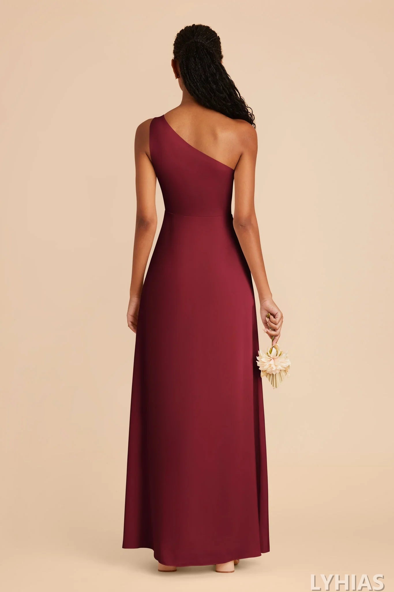 Burgundy Satin A-Line Floor-Length Bridesmaid Dresses with One-shoulder Neckline and High Slit