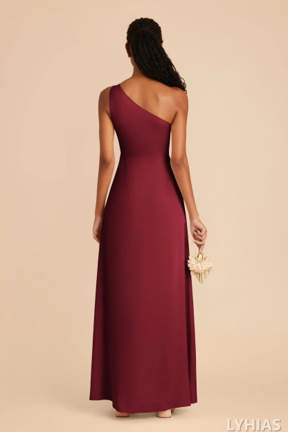 Burgundy Satin A-Line Floor-Length Bridesmaid Dresses with One-shoulder Neckline and High Slit