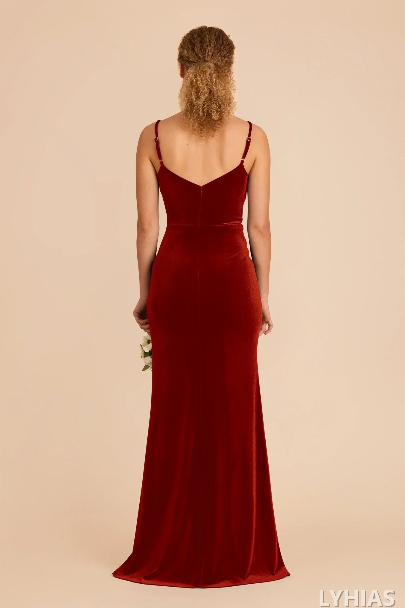Burgundy Velvet V-Neck Sheath/Column Floor-Length Bridesmaid Dresses with Ruched Bodice & High Slit