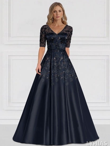 A-Line Mother of the Bride Dresses Floor Length Half Sleeve V Neck Satin Elegant