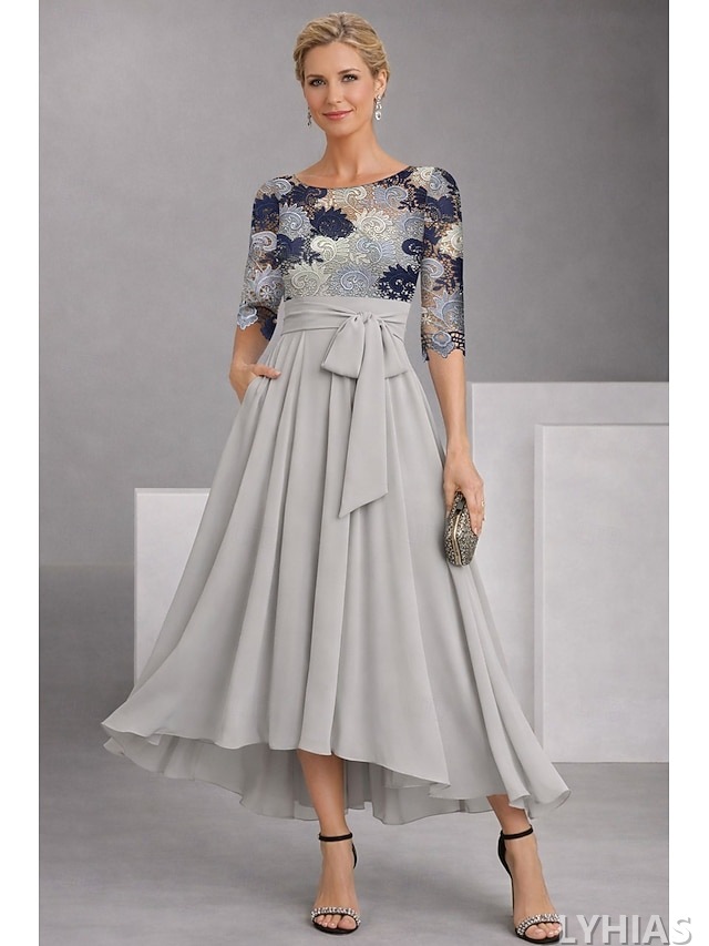 A-Line Mother of the Bride Dresses Ankle Length with Embroidery Half Sleeve Boat Neck Elegant