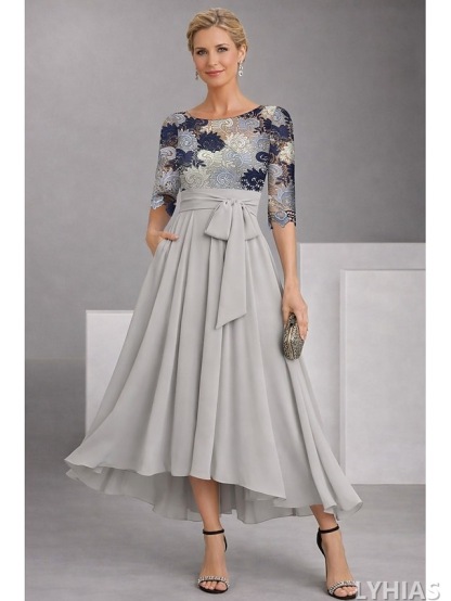 A-Line Mother of the Bride Dresses Ankle Length with Embroidery Half Sleeve Boat Neck Elegant