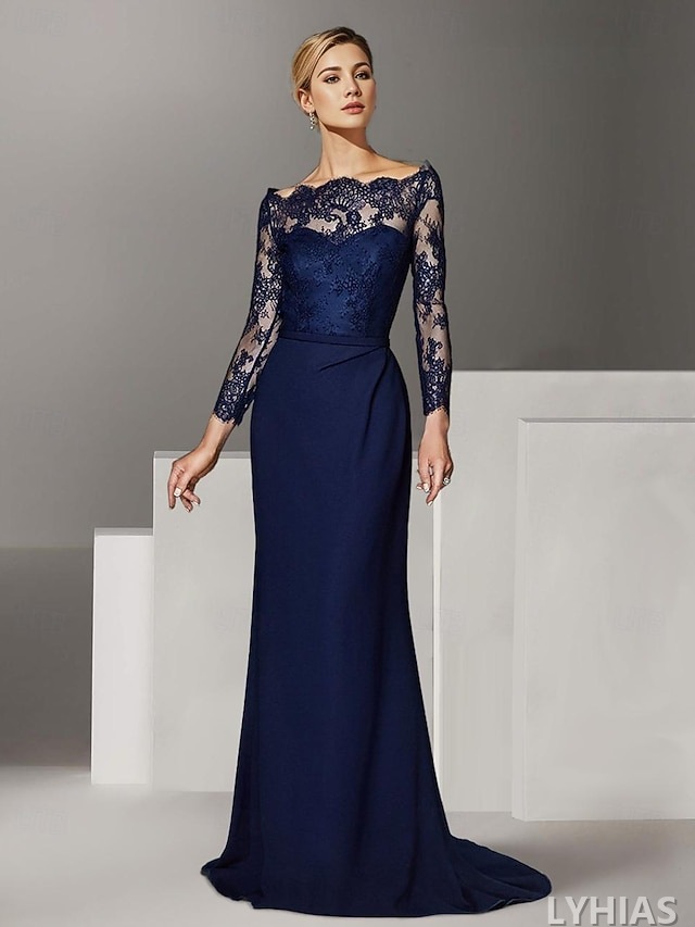 Mermaid Trumpet Mother of the Bride Dresses Floor Length Long Sleeve Off Shoulder Lace Elegant