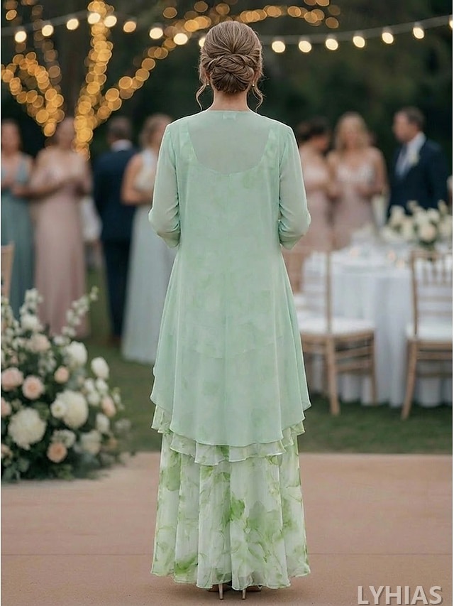 Two Piece Mother of the Bride Dresses Floor Length with Floral Print 3/4 Length Sleeve Scoop Neck