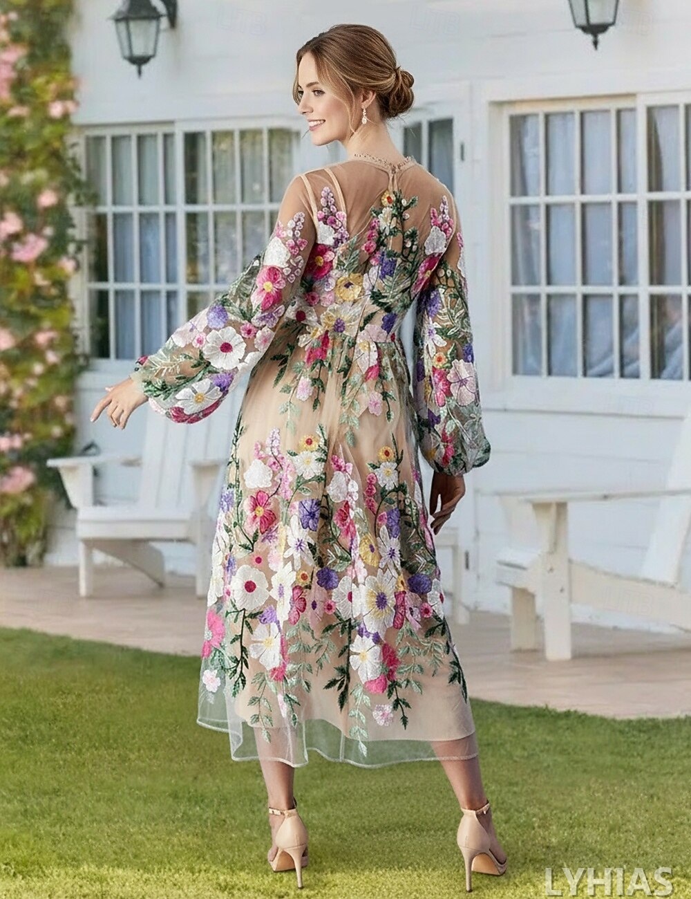 A-Line Mother of the Bride Dresses Ankle Length with Embroidery Long Sleeve Crew Neck Lace Elegant