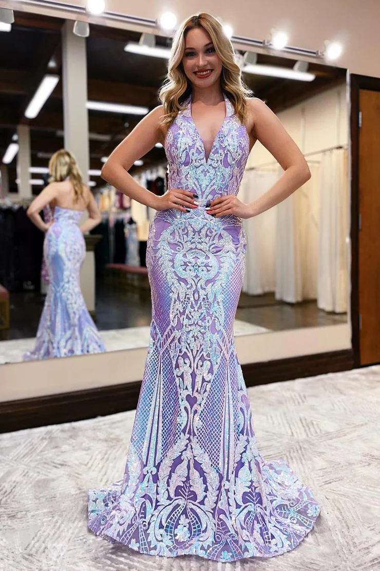 Mermaid/Trumpet Sequins Lace Appliques Halter Long Prom Dresses Homecoming Dresses