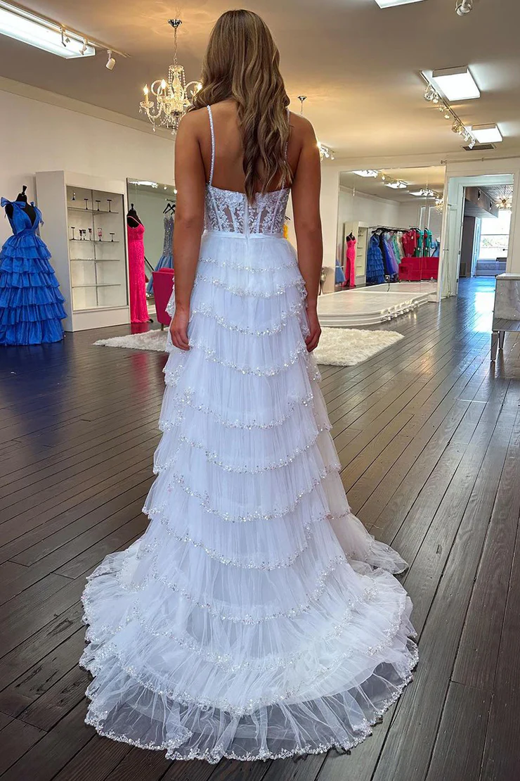 Tulle A-Line&Princess Lace Appliques Sweetheart Long Tiered Prom Dress Evening Dress