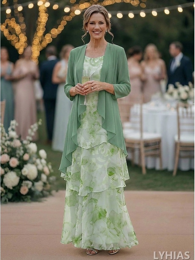 Two Piece Mother of the Bride Dresses Floor Length with Floral Print 3/4 Length Sleeve Scoop Neck