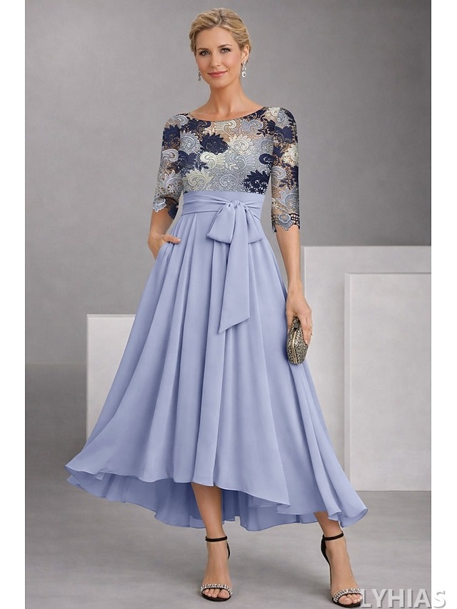 A-Line Mother of the Bride Dresses Ankle Length with Embroidery Half Sleeve Boat Neck Elegant