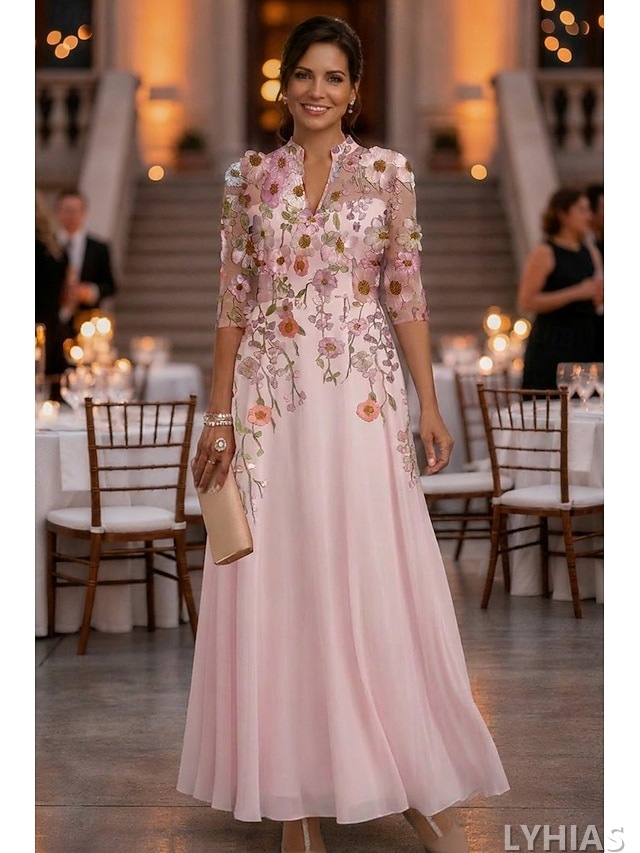 A-Line Mother of the Bride Dresses Floor Length with 3D Flowers 3/4 Length Sleeve V Neck Chiffon