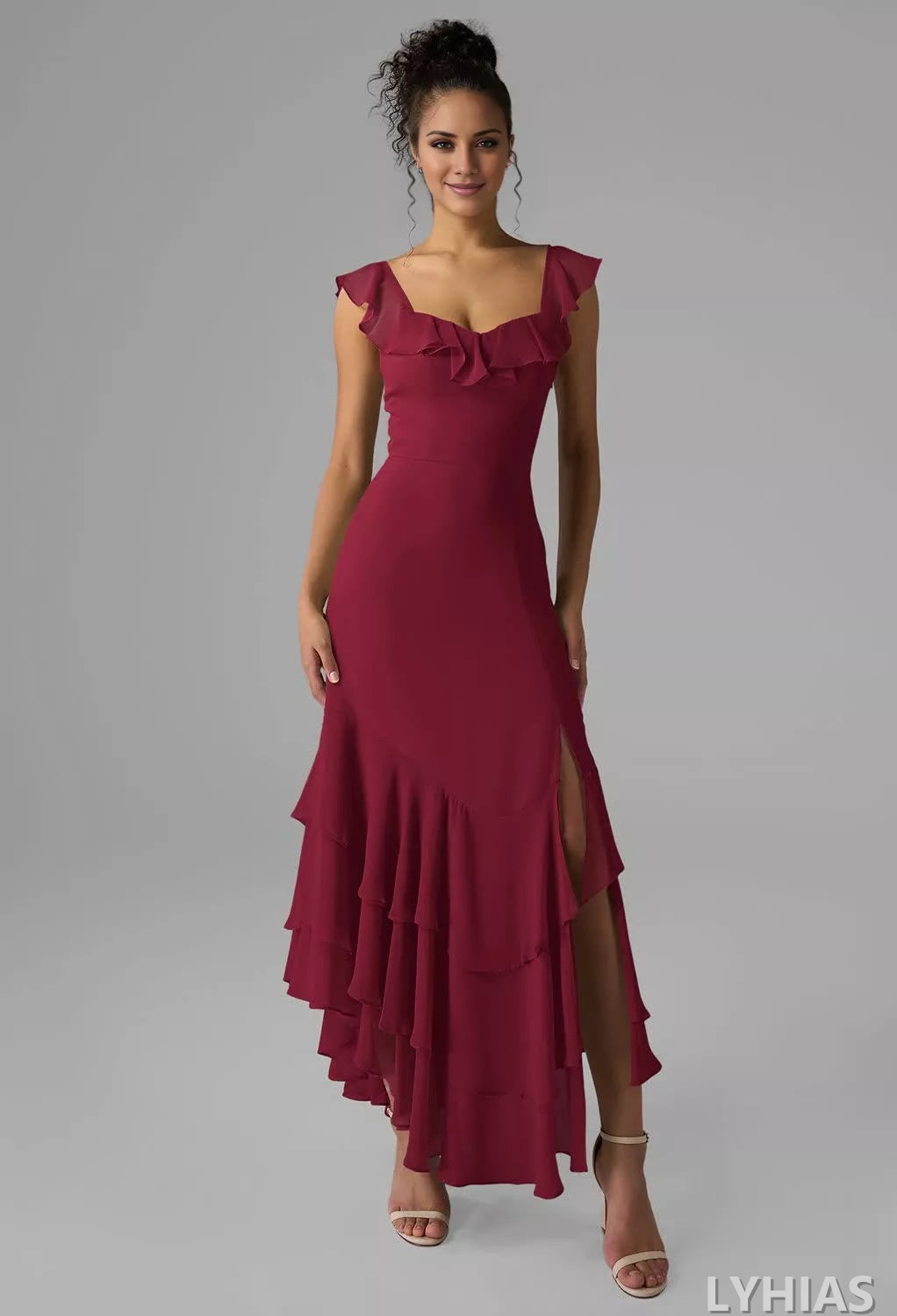Blushing Pink Chiffon A-Line Asymmetrical Bridesmaid Dresses with Ruffled Square Neck