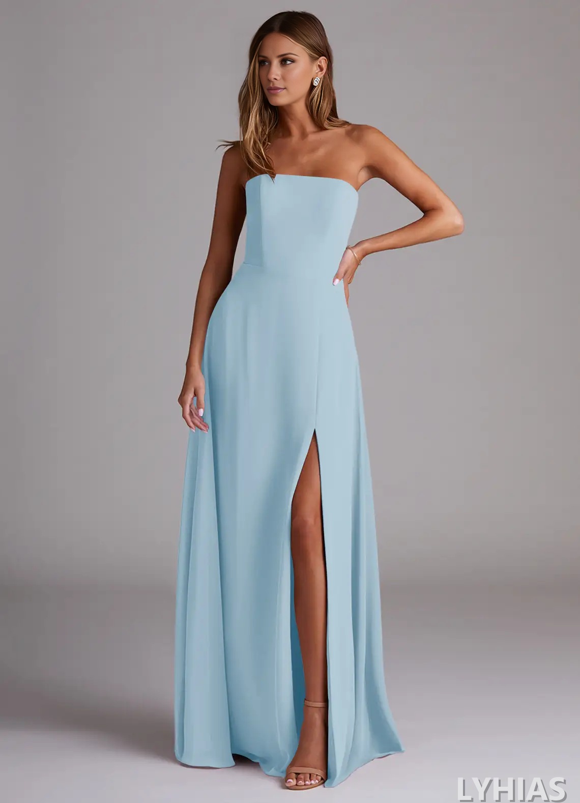 Chiffon Straight Neck A-Line Floor-Length Bridesmaid Dresses with High Slit