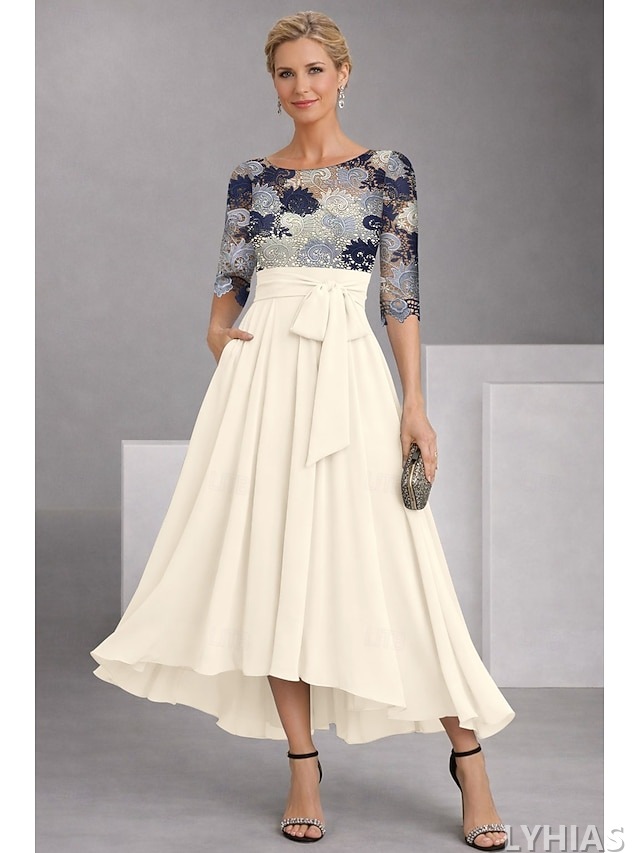 A-Line Mother of the Bride Dresses Ankle Length with Embroidery Half Sleeve Boat Neck Elegant