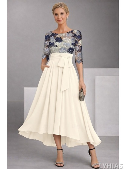 A-Line Mother of the Bride Dresses Ankle Length with Embroidery Half Sleeve Boat Neck Elegant