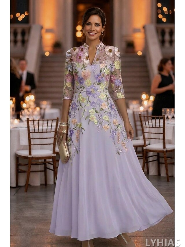 A-Line Mother of the Bride Dresses Floor Length with 3D Flowers 3/4 Length Sleeve V Neck Chiffon