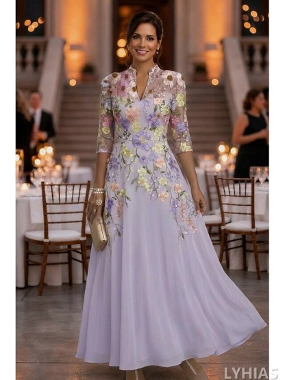 A-Line Mother of the Bride Dresses Floor Length with 3D Flowers 3/4 Length Sleeve V Neck Chiffon
