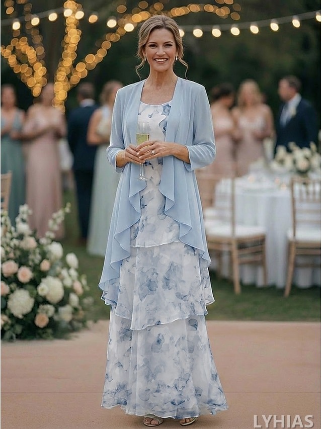 Two Piece Mother of the Bride Dresses Floor Length with Floral Print 3/4 Length Sleeve Scoop Neck
