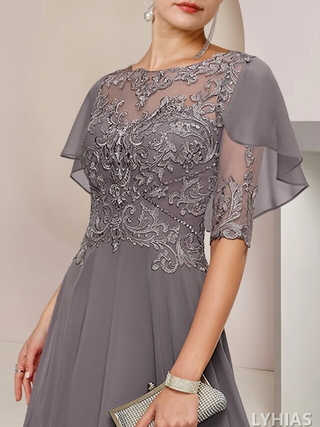 A-Line Mother of the Bride Dresses Tea Length with Beading Half Sleeve Scoop Neck Lace Elegant