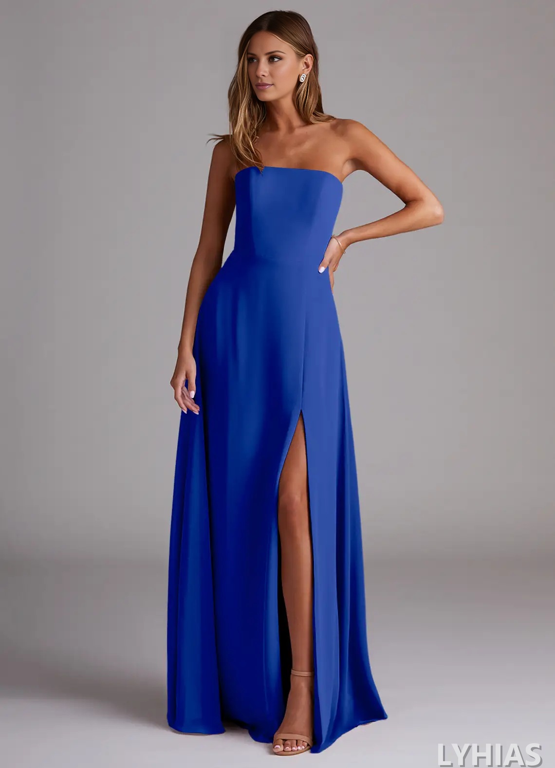 Chiffon Straight Neck A-Line Floor-Length Bridesmaid Dresses with High Slit