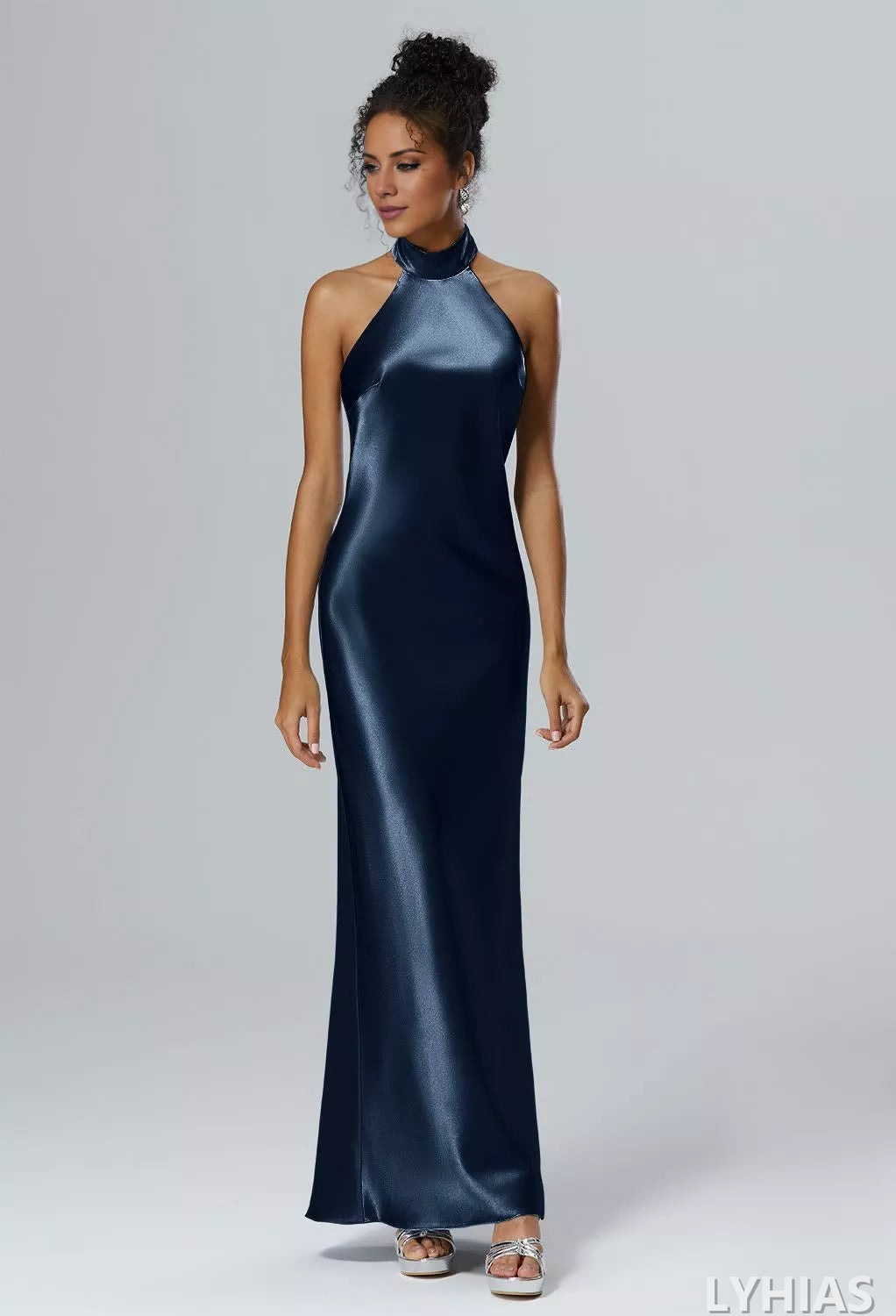Satin Sheath/column Floor-Length Bridesmaid Dresses with Halter neckline & Backless Design