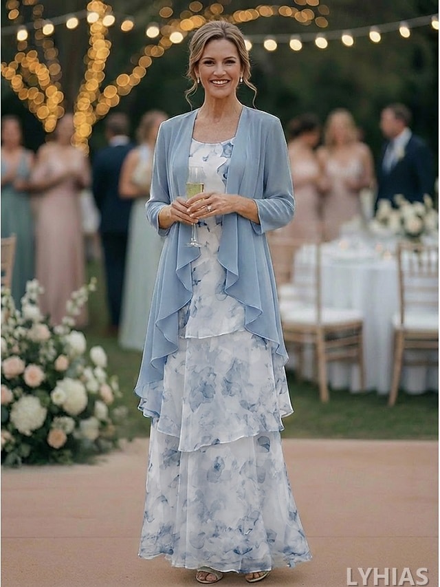 Two Piece Mother of the Bride Dresses Floor Length with Floral Print 3/4 Length Sleeve Scoop Neck