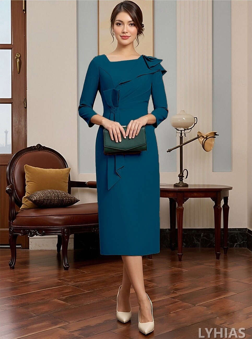 Sheath Column Mother of the Bride Dresses Tea Length Long Sleeve Elegant