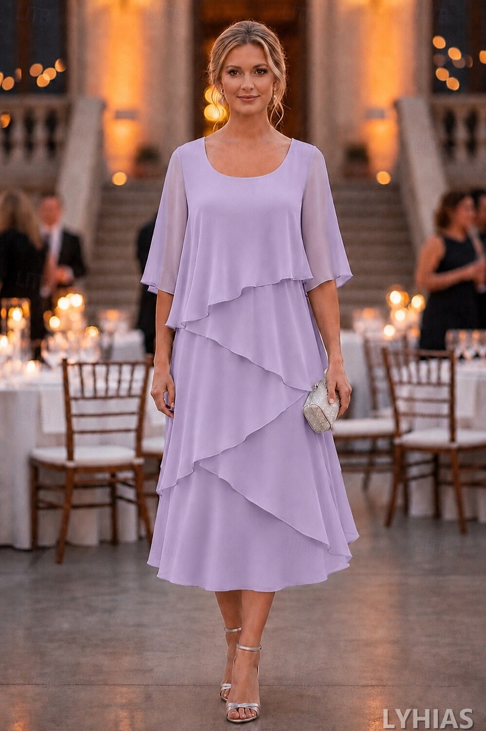 A-Line Mother of the Bride Dresses Ankle Length with Ruffles Half Sleeve Scoop Neck Chiffon Elegant