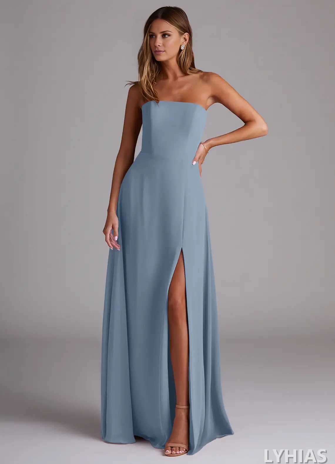 Chiffon Straight Neck A-Line Floor-Length Bridesmaid Dresses with High Slit