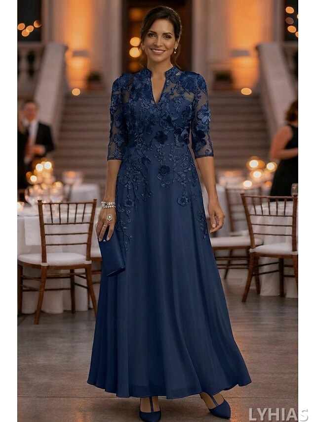 A-Line Mother of the Bride Dresses Floor Length with 3D Flowers 3/4 Length Sleeve V Neck Chiffon