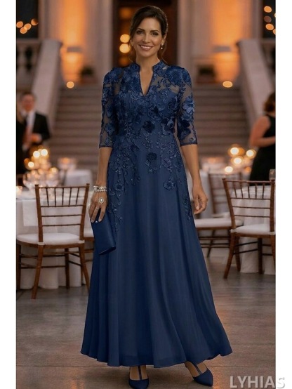 A-Line Mother of the Bride Dresses Floor Length with 3D Flowers 3/4 Length Sleeve V Neck Chiffon
