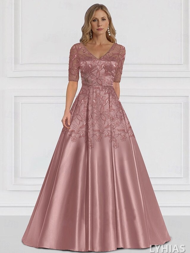 A-Line Mother of the Bride Dresses Floor Length Half Sleeve V Neck Satin Elegant