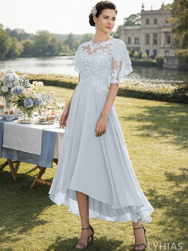 A-Line Mother of the Bride Dresses Tea Length with Beading Half Sleeve Scoop Neck Lace Elegant