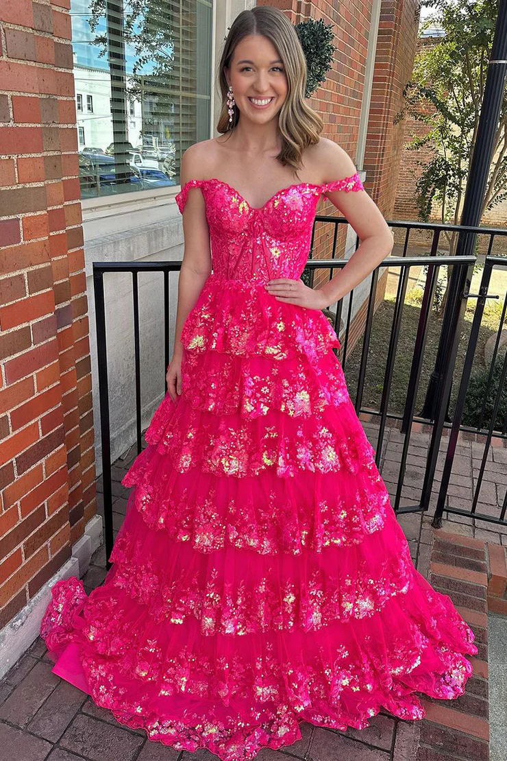 Off the Shoulder A-Line&Princess Lace Appliques Sequin Long Tiered Pro