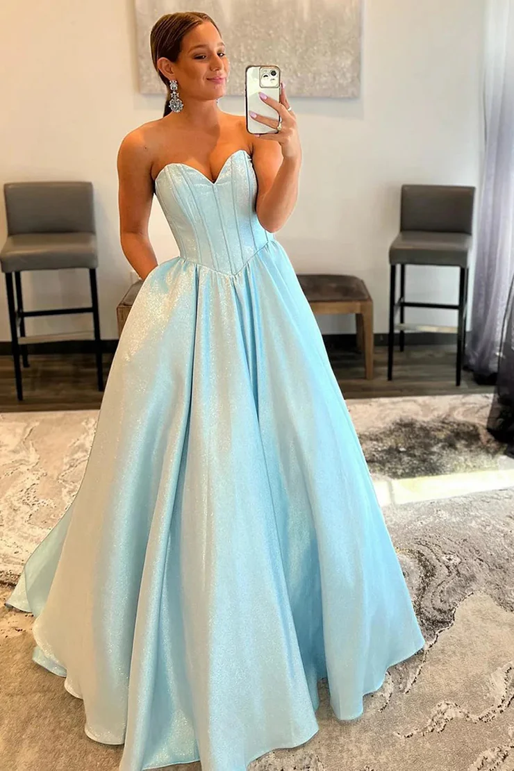A-Line&Princess Sweetheart Strapless Sequin Satin Long Prom d Elegant 