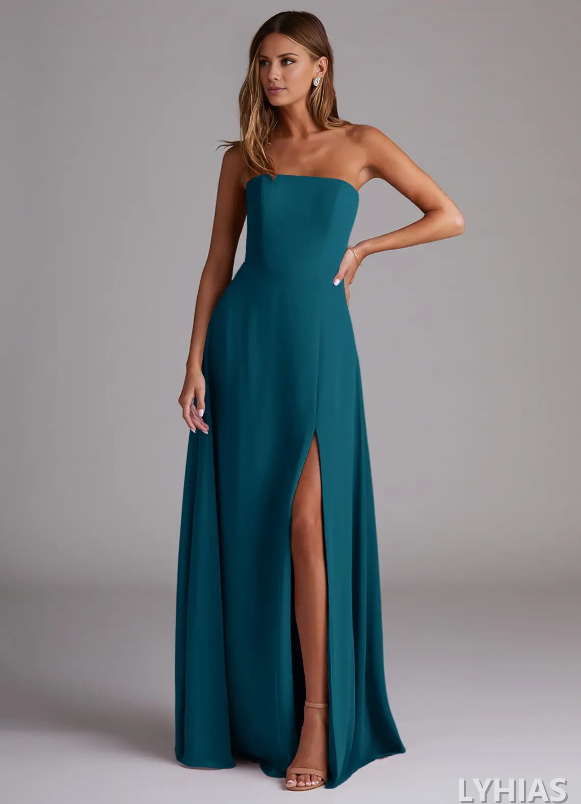 Chiffon Straight Neck A-Line Floor-Length Bridesmaid Dresses with High Slit