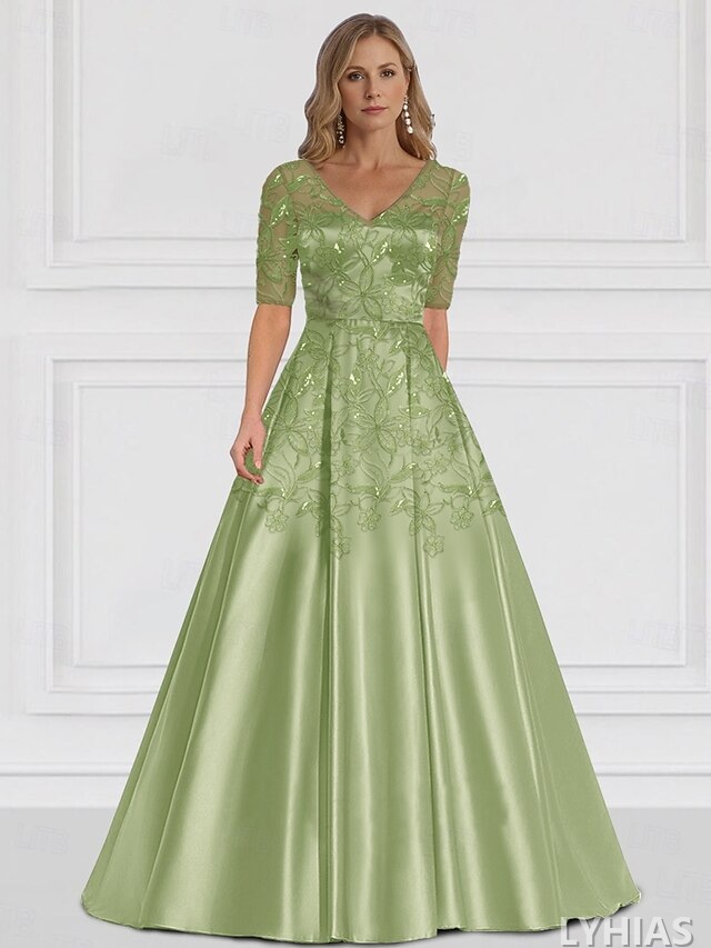 A-Line Mother of the Bride Dresses Floor Length Half Sleeve V Neck Satin Elegant