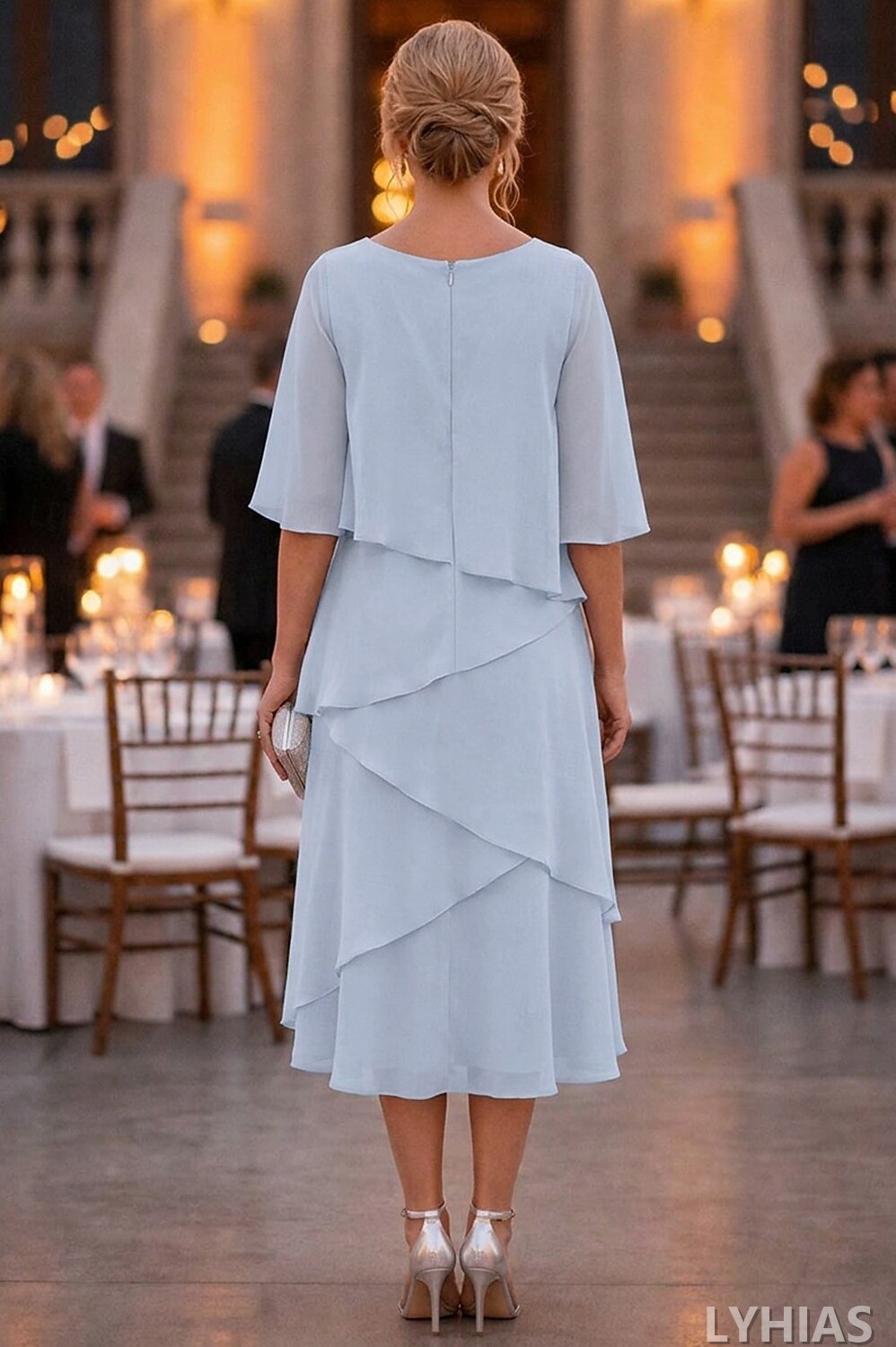 A-Line Mother of the Bride Dresses Ankle Length with Ruffles Half Sleeve Scoop Neck Chiffon Elegant