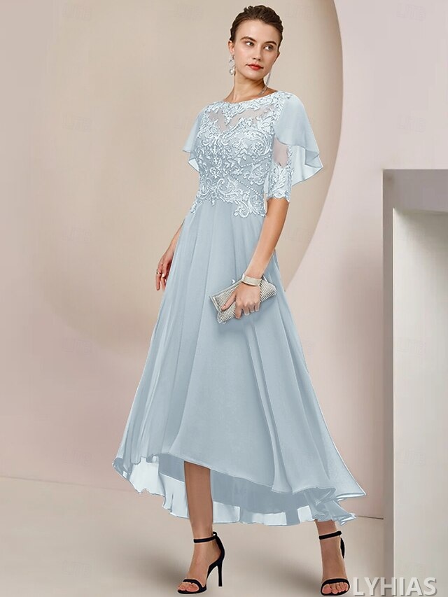 A-Line Mother of the Bride Dresses Tea Length with Beading Half Sleeve Scoop Neck Lace Elegant