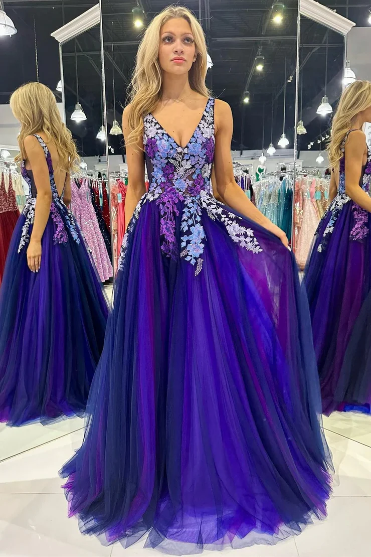 A-Line&Princess V-Neck Tulle Appliques Floor-Length Open Back Long Prom Dress Evening Dress
