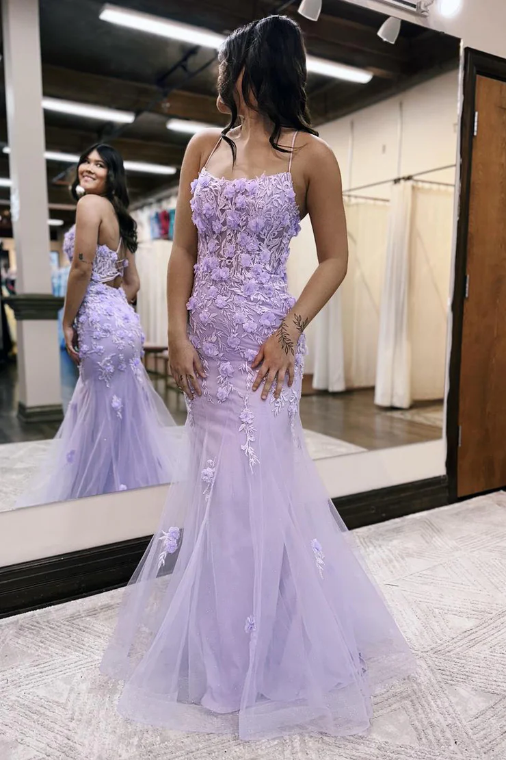 Mermaid/Trumpet Spaghetti Straps Lace Appliques Scoop Neck Long Prom Dresses 